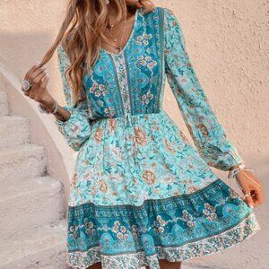 Floral Print Lantern Sleeve Knot Front Ruffle Hem Dress